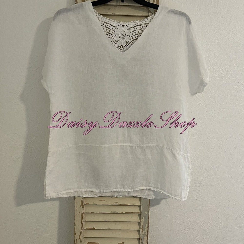 Vanessa Zani Women Tunic Blouse Lace Italy Linen White SZ L